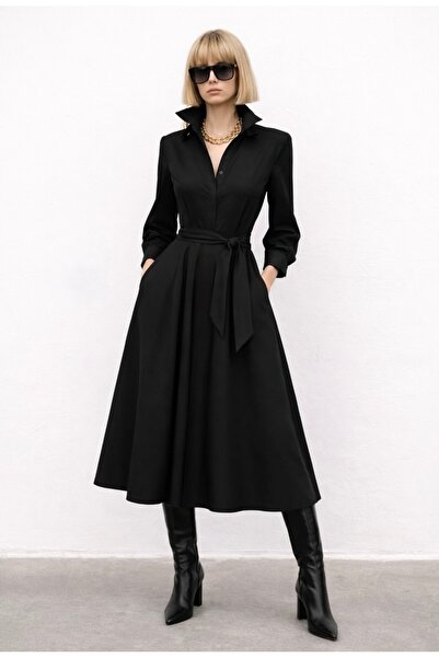 MERT ERKAN Balon Kollu Siyah Midi Boy Poplin Gömlek Elbise