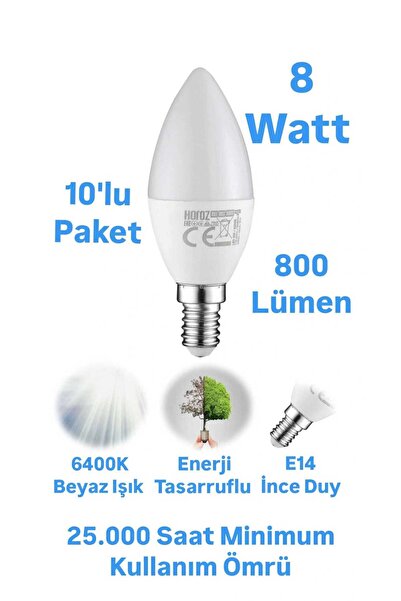 repplam 10 Adet 8W Buji Led Ampul Beyaz Işık 800 Lümen İnce Duylu Ampul Mum A...