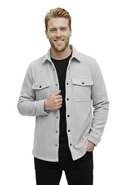 DeepSEA Ανδρικό γκρι πλεκτό υφασμάτινο πουκάμισο με γιακά τσέπη με κουμπωτά S...