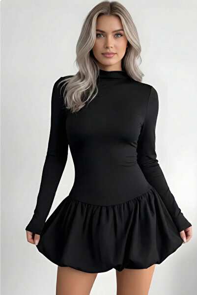 Gubo Kadın Yüksek Yaka Balon Etek Mini Elbise Mevsimlik ve Kışlık