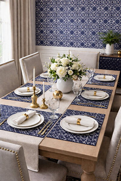ALAMODECOR Lacivert Geometrik Zarafet 6’lı Amerikan Servis Seti