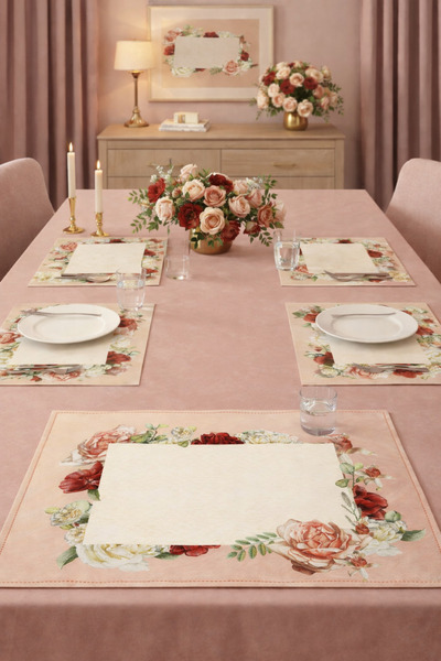 ALAMODECOR Pembe Gül Bahçesi Çiçek Desenli Kumaş Amerikan Servis (6’lı Set)