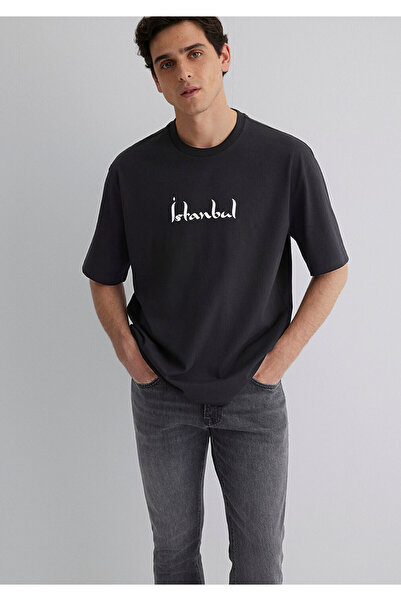 Mavi Schwarzes T-Shirt mit Istanbul-Print, entspannte Passform / bequemer Sch...