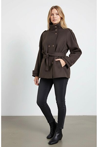 SLAY BUTİK Dik Yaka Dönüştürülebilir Yakalı Kuşaklı Kısa Kaşe Kaban