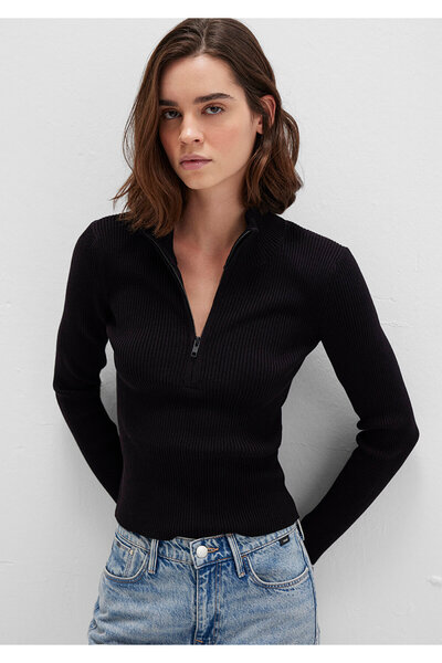 Mavi سترة سوداء بياقة واقفة نصف سحاب مناسبة / قطع مناسبة للجسم 1710519 -900