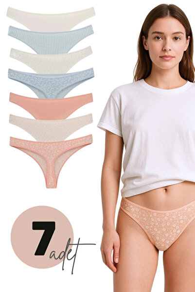 LİBELLA İÇ GİYİM Women's Cotton Stretch Fabric Thong Panties Pack of 7 – Pink Blue White Colors