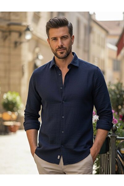 YusGos Long Sleeve Cotton Easy Iron Muslin Regular Fit Men's Shirt