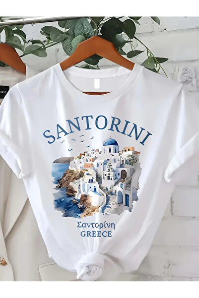 l'eivor تي شيرت نسائي أبيض بطبعة سانتوريني اليونانية