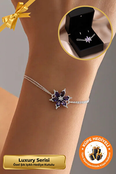 Lucente Jewellery Işıklı Hediye Kutulu Lotus Bileklik 925 Ayar Gümüş Kaplama Mor Ametist Taşlı Lotus Çiçeği Bileklik