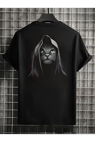 l'eivor Tricou negru cu glugă imprimat pe spate de pisică