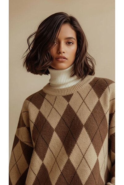 SUEN MODA Ekose Desenli Oversize Kadın Triko Kazak