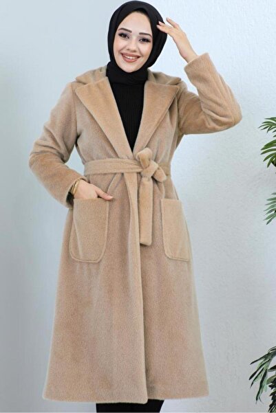 TRENDTESETTÜR KADIN KAHVE (CAMEL) KUŞAKLI KÜRK KABAN T 9601