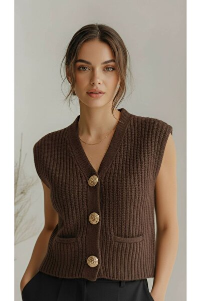 SUEN MODA Cep Detaylı Düğmeli Kadın Triko Yelek