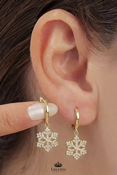 Lucente Jewellery Işıklı Hediye Kutulu 925 Ayar Luxury Serisi Gold Taşlı Kar Tanesi Gümüş Hediyelik Sevgiliye Eşe Kız Arkadaşa Anneye Doğum Günü Yılbaşı Hediyesi Kartanesi Şık & Zarif 1 Çift Sallantılı Halka Küpe