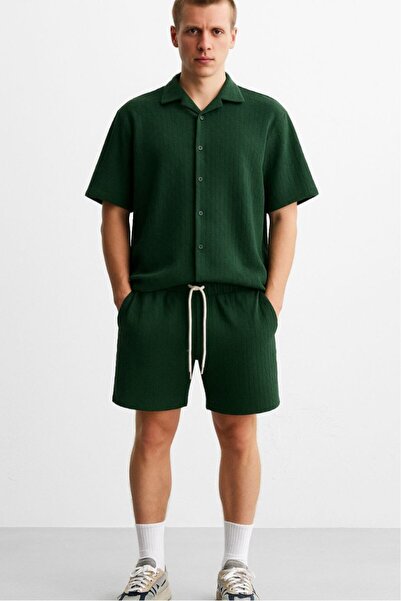 Twobucks Jacquard Knitwear Green Men's Shirt and Shorts Set