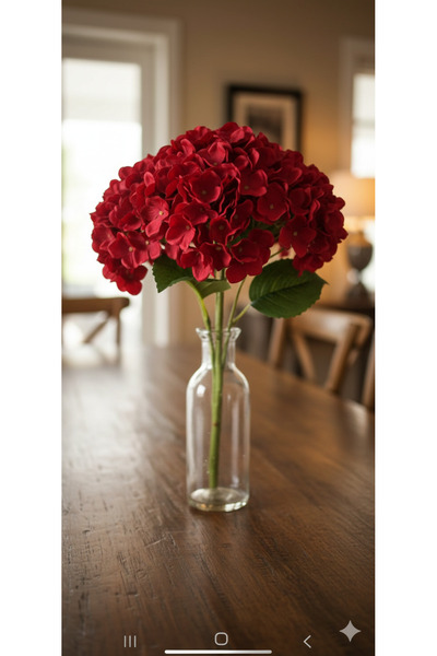 yapay çiçek evi Kırmızı Yapay Ortanca 5 Dallı Vazo Saksı Dekor Çiçeği