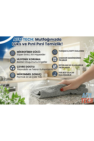 AFM tech ( 1 Adet ) Mikrofiber GRİ Kareli Temizlik Bezi | Mutfak Tezgah Ankas...