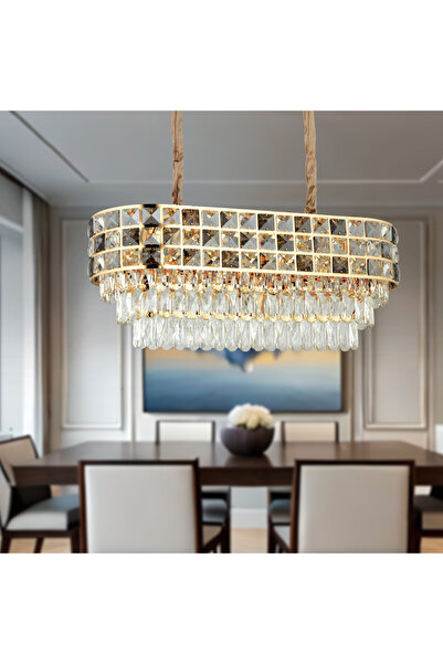 Apliqa Orrel 8li Sıralı Gold Kristal Taşlı Modern Yemek Odası Salon Sarkıt Avize