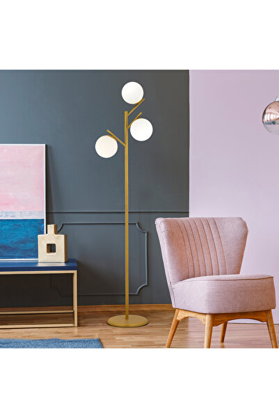 Apliqa Renji 3Lü Gold Boyalı Beyaz Camlı Modern Tasarım Metal Lambader