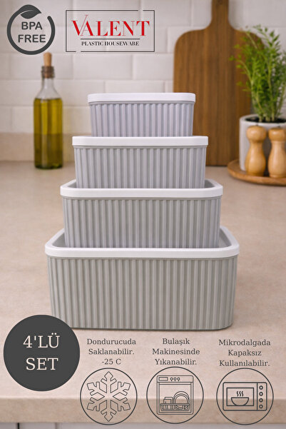 VALENT 4'lü Çizgili Dikdörtgen Saklama Seti Gri | 3LT 1.8LT 1LT 0.55LT | Mikr...
