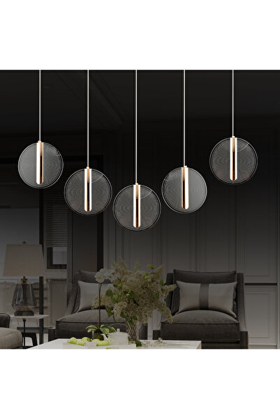 Apliqa Dustin 5'li Sıralı 3 Renk 75 Watt Gold Kristal Ledli Modern Oturma Odası Salon Sarkıt Avize