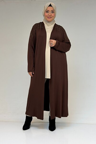 Eslina 53069 Plus Size Shoulder Stone Detailed Combed Cotton Jacket - Brown