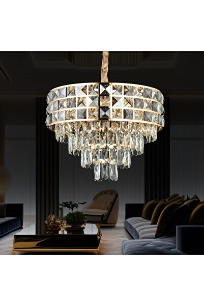 Apliqa Orrel 6'lı Gold Kristal Taşlı Modern Oturma Odası Salon Sarkıt Avize