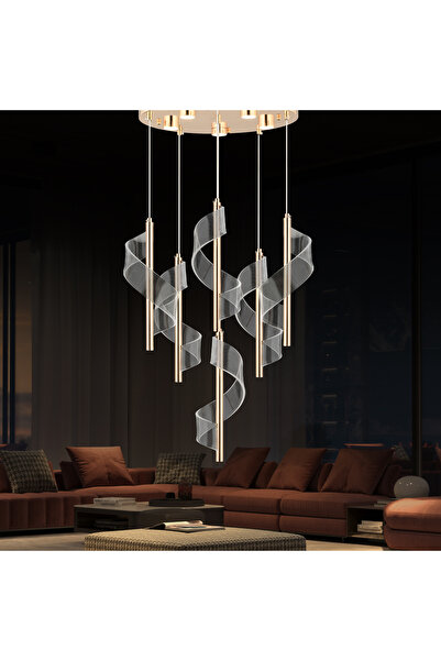 Apliqa Jadon 6'lı Yuvarlak 3 Renkli 53 Watt Gold Kristal Ledli Modern Oturma Odası Salon Sarkıt Avize