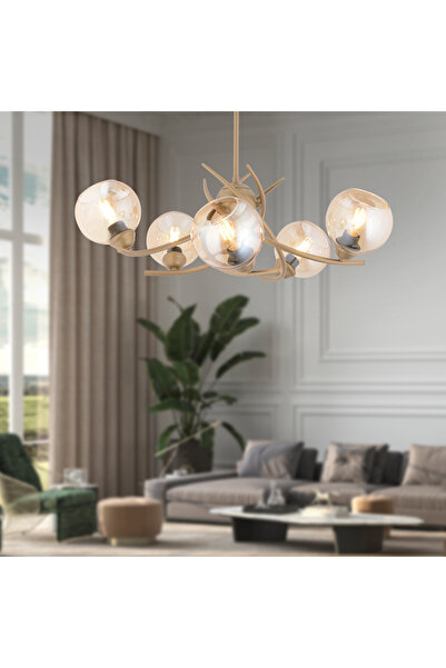 Apliqa Pireal 5'li Yuvarlak Eskitme Bal Camlı Modern Oturma Odası Salon Avize