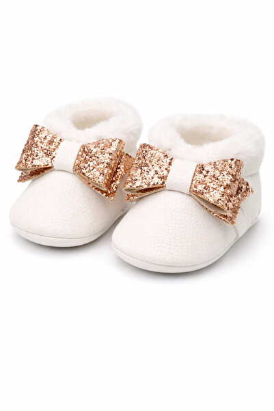 Superbaby White fur-lined first steps shoes for girls with a gold bow Shine