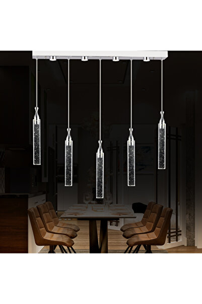 Apliqa Klaus 5'li Sıralı 3 Renkli 75 Watt Krom Kristal Ledli Modern Oturma Odası Salon Sarkıt Avize