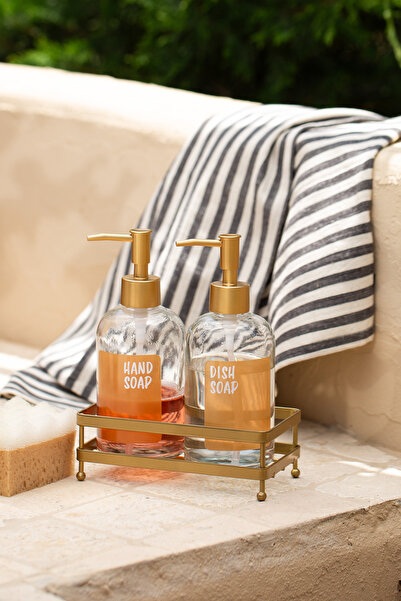 Rakle Zen gold metal square stand 2-piece liquid soap dispenser set 420 cc