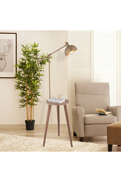 Apliqa Heather Eskitme Başlıklı Ahşap Sehpalı Modern Ayaklı Abajur Lamba Ahşap Lambader