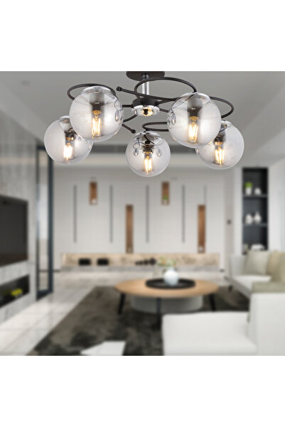 Apliqa Rodonit 5li Siyah Krom Füme Camlı Modern Sarkıt Genç Odası Yatak odası Retro Salon Avize