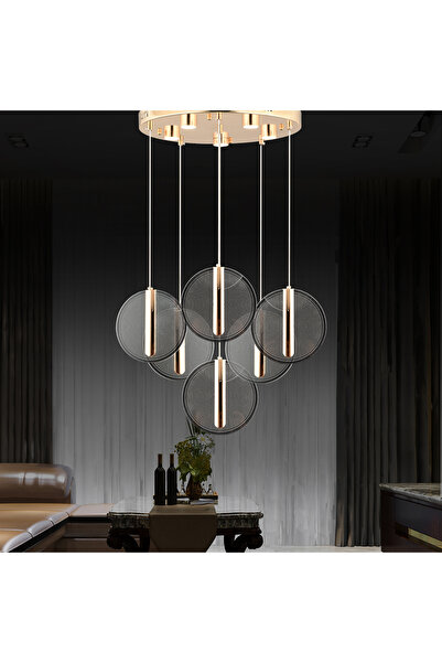 Apliqa Dustin 6'lı Yuvarlak 3 Renk 80 Watt Gold Kristal Ledli Modern Oturma Odası Salon Sarkıt Avize