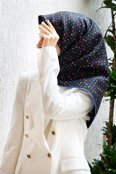 Vissona %100 Twill İpek Çıtır Motif Desenli Siyah - Saks Renkli 90x90 Eşarp D...