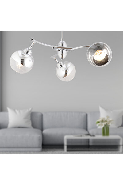 Apliqa Abbey 3'lü Krom Rengi Krom Camlı Yuvarlak Modern Oturma Odası Spot Sal...