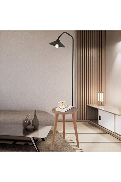 Apliqa Clifferd Siyah Başlıklı Ahşap Sehpalı Modern Ayaklı Abajur Lamba Ahşap Lambader
