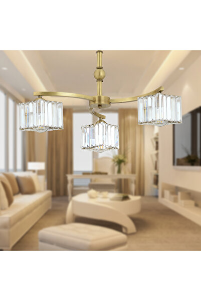 Apliqa Rima 3 Kollu Eskitme Kristalli Taşlı Modern Tasarım Salon-Yatak Odası Kristal Salon Avize