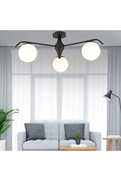 Apliqa Diaspor 3'lü Yuvarlak Siyah Beyaz Camlı Modern Plafonyer Genç Odası Yatak Odası Retro Salon Avize