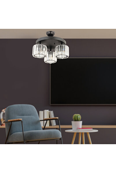 Apliqa Sabrina 3Lü Siyah Yuvarlak Kristalli Taşlı Modern Tasarım Kristal Salo...