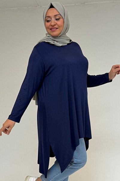 Eslina 58070 تونيك قطن ممشط بقصة غير متماثلة مقاس كبير - نيلي