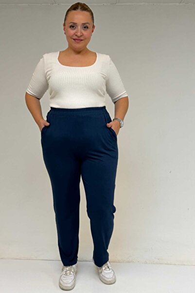 Eslina 39001 بنطلون قطني ممشط عالي الخصر مطاطي بلون البترول