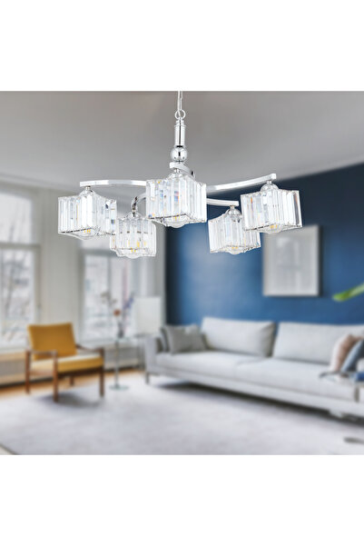 Apliqa Rima 5 Kollu Krom Kaplama Kristalli Taşlı Modern Tasarım Salon-Yatak O...