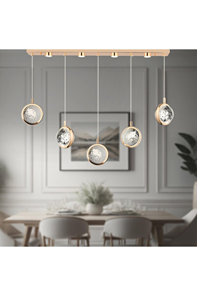 Apliqa Eldon 5'li Sıralı 3 Renk 75 Watt Gold Kristal Ledli Modern Oturma Odası Salon Sarkıt Avize