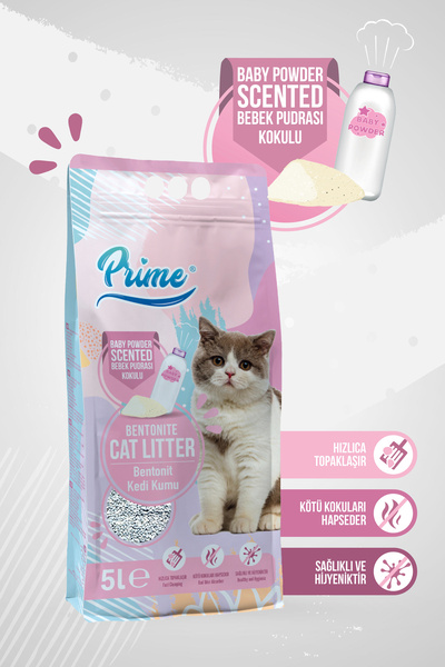 Prime Bentonit Bebek Pudralı Kokulu Topaklaşan KALIN Kedi Kumu 5 Lt
