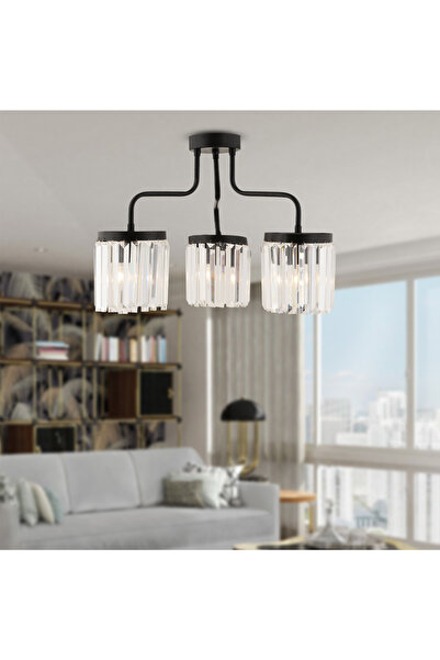 Apliqa Ayan 3Lü Siyah Kristalli Taşlı Modern Tasarım Kristal Salon Avize