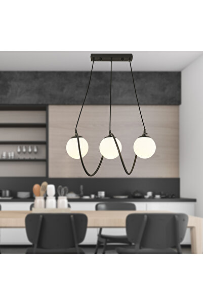 Apliqa Jarry 3Lü Beyaz Camlı Siyah Modern Tasarım Yemek Masası Üstü Salon Avize