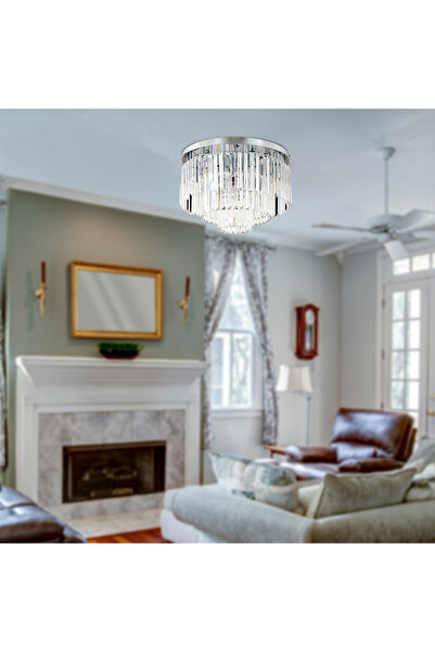 Apliqa Nilüfer Yuvarlak Krom  Kristalli, Taşlı Modern Tasarım Kristal Salon Avize