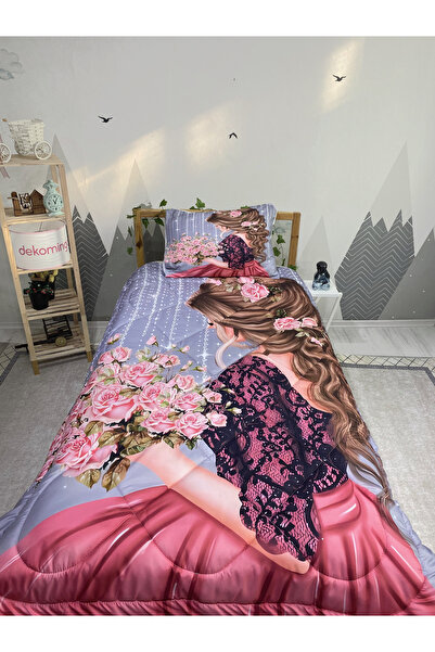 dekomingo BUKETLİ KIZ DESENLİ KAPİTONE ÇOCUK YORGAN SETİ